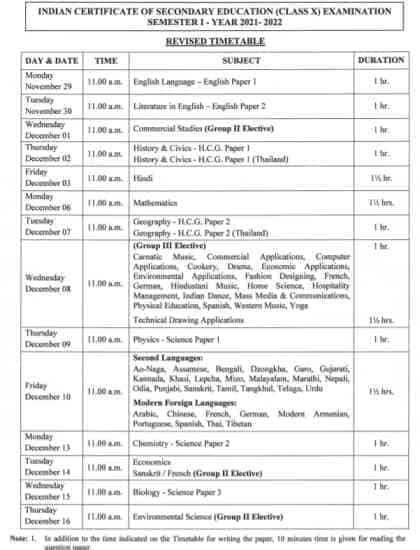 ICSE Time Table of X & XII Examination 2021-22